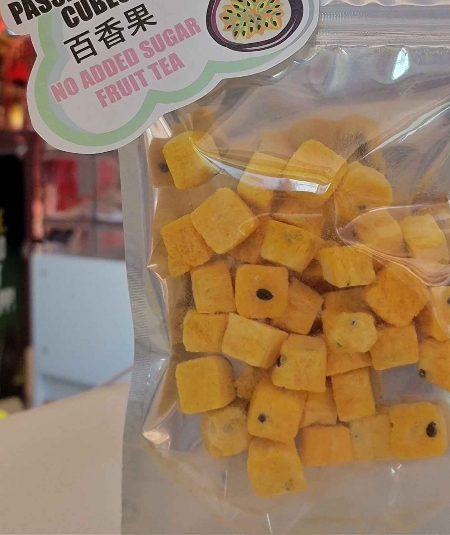 Freeze Dried Passion Fruit Cubes (with seed) 有籽百香果脆乾 without added sugar.