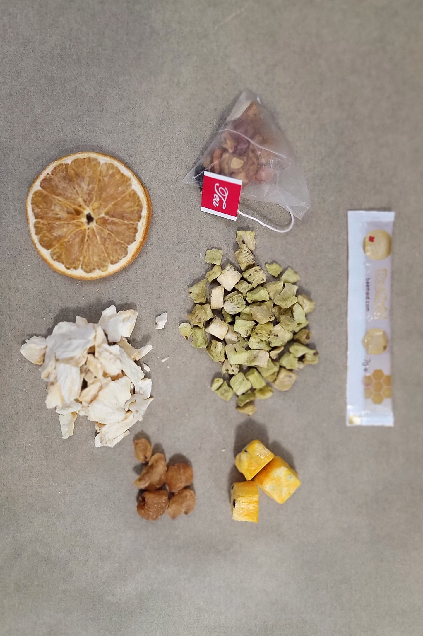 Caffeine Free Freeze Dried Kiwi Pineapple &amp; Orange Tea with Canadian Honey Option.