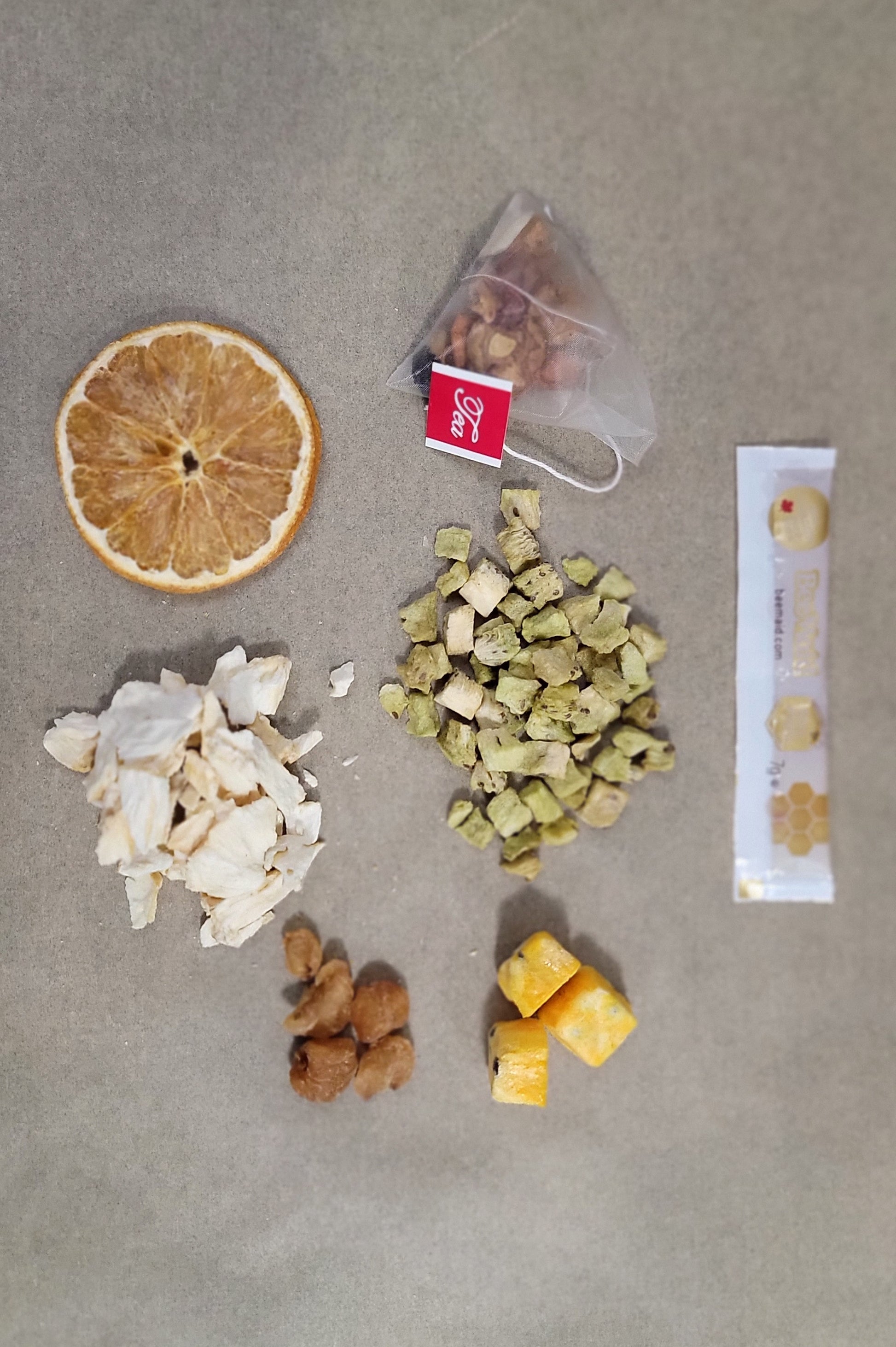 Caffeine Free Freeze Dried Kiwi Pineapple &amp; Orange Tea with Canadian Honey Option.