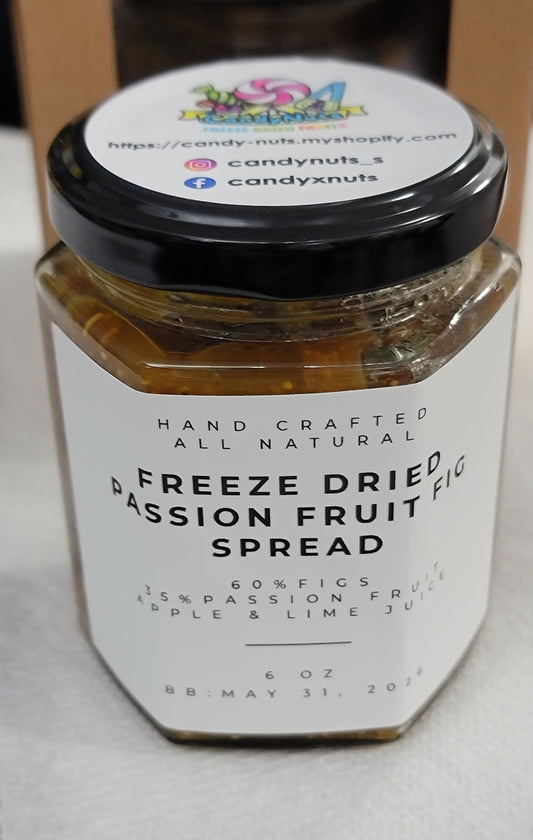 Jar of freeze-dried passion fruit fig spread with a white label on a light background